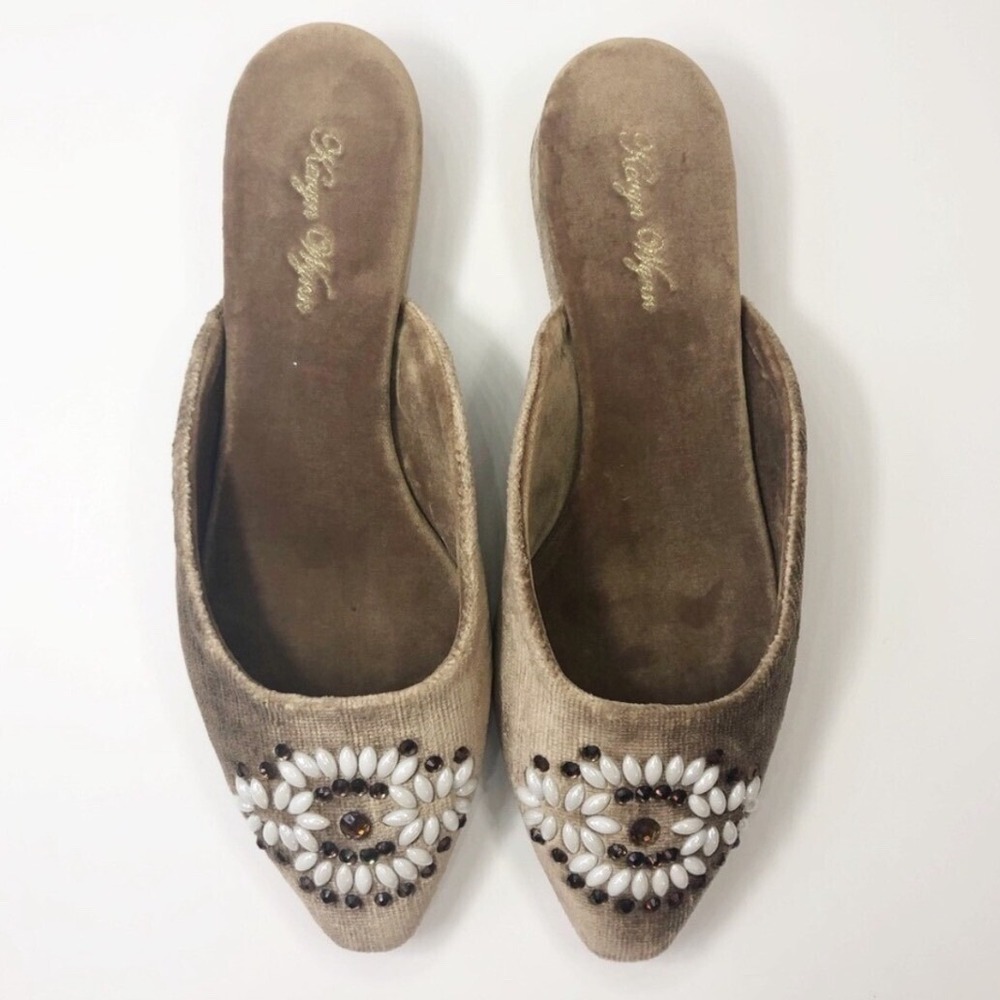 Kevyn Wynn Vintage Velvet Beaded Floral Pointed Toe Wedge Mules Champagne Gold 8 - Picture 3 of 5